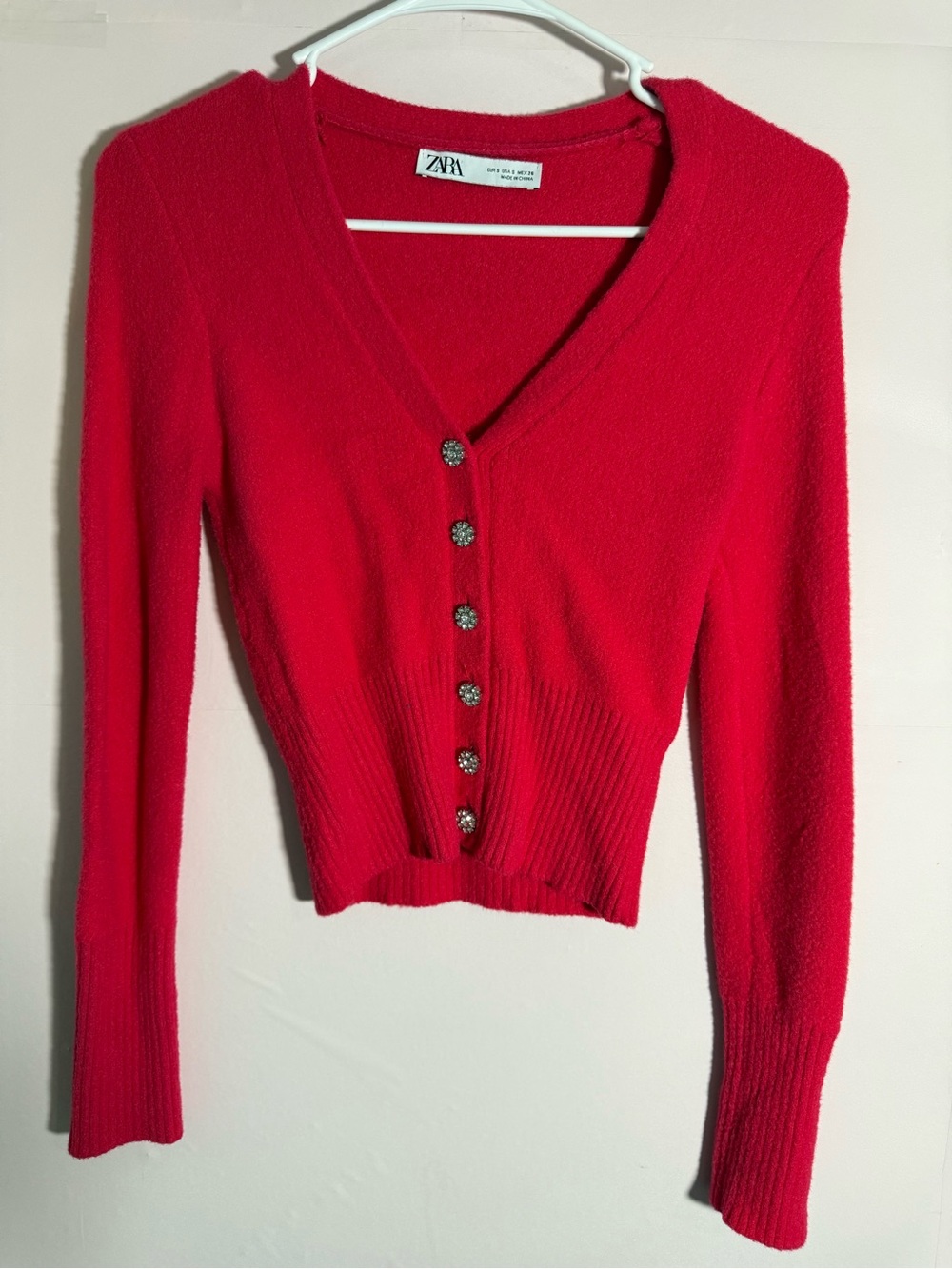 Zara Bright Red V-Neck Button-Front Women's Sweater